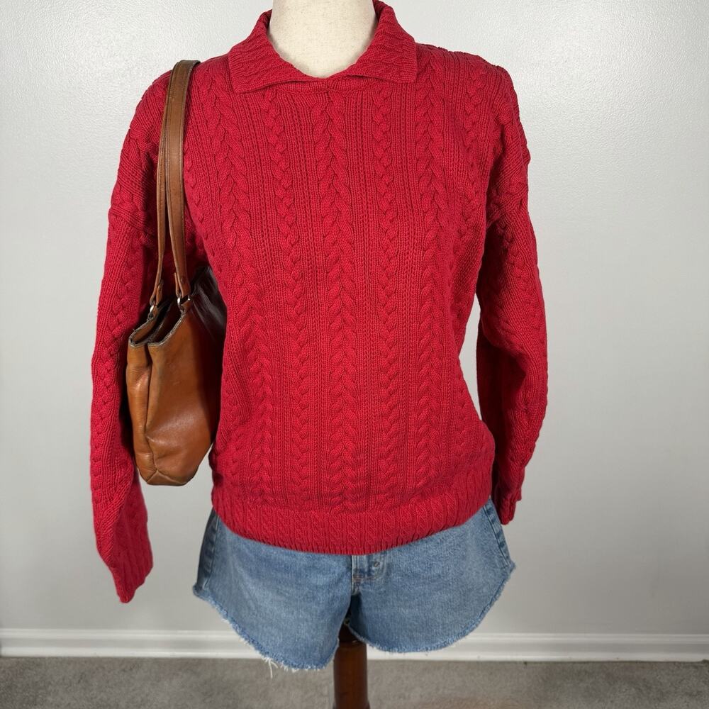Eddie Bauer Women’s S Petite Red Cable Knit Collared Sweater Cotton Pullover